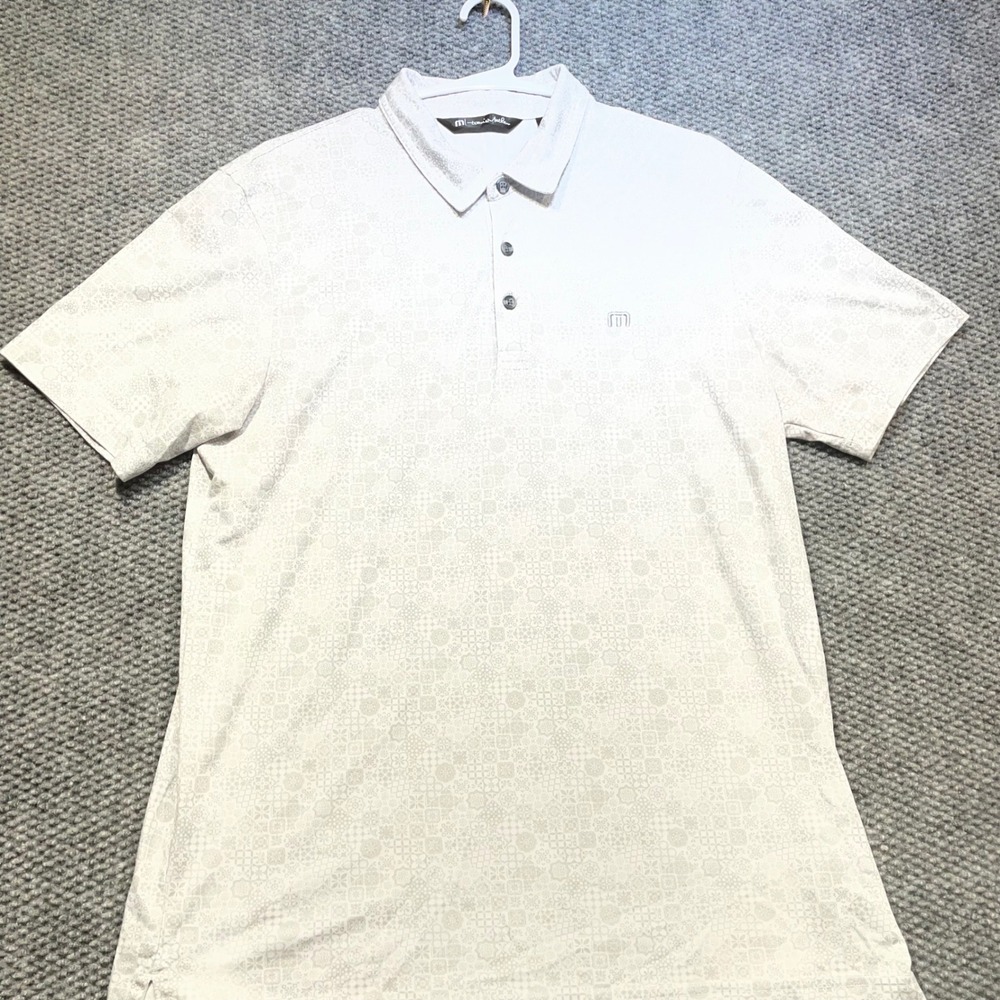 TravisMathew Mens Medium Short Sleeve Polo Shirt Grey Geometric Tile Print Golf